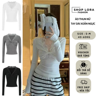 Áo thun nữ tay dài cổ ren xoắn ngực form ôm co giãn 3 màu đen-trắng-xám phong cách Hàn Quốc MST0054