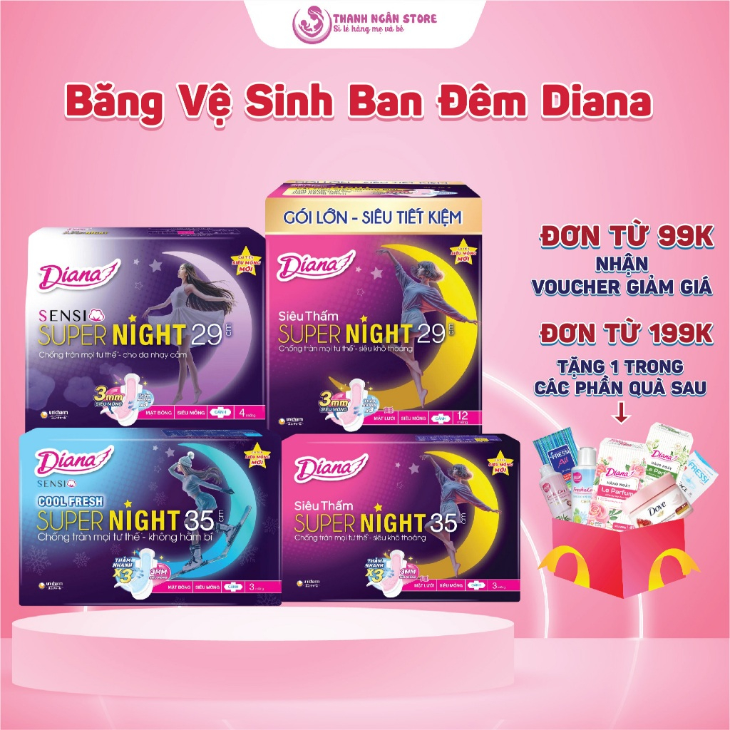 Băng Vệ Sinh Ban Đêm Diana 29 Cm 35 Cm Sen Si - Siêu Thấm - Diana Ban Đêm Cool Mát Dịu - Thanh Ngân 