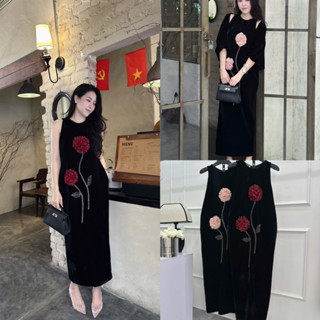  Váy nhung the sát nách khâu 2cây hoa cẩm tú cầu dáng dài 