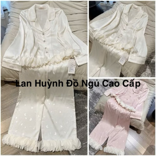 Bộ ngủ mặc nhà pijama tiểu thư  lụa Quảng Châu cao cấp cánh hoa ở gấu