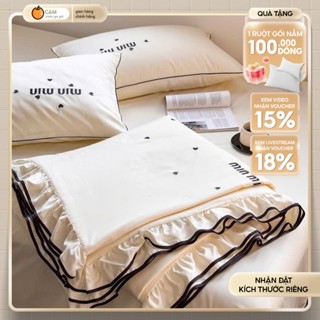  NEW  Bộ ga giường 4 món phi lụa viền bèo cao cấp chăn mùa đông chần bông mềm mát - CAM CHĂN GA GỐI 