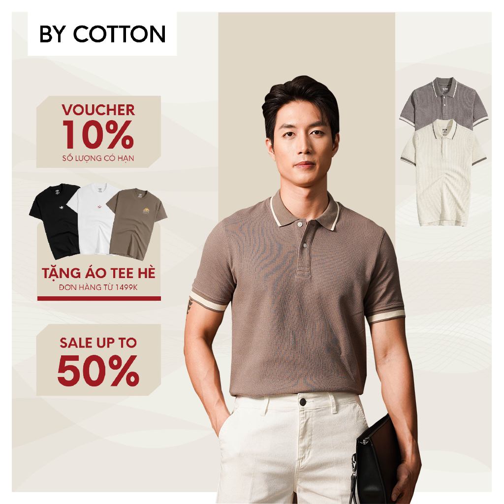 Áo Thun Polo Nam By Cotton Cao Cấp Chất Vải Gân Nâu & Kem