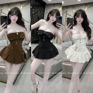  Set áo quây trần chỉ đính khuy đồng chân váy xoè xinh 