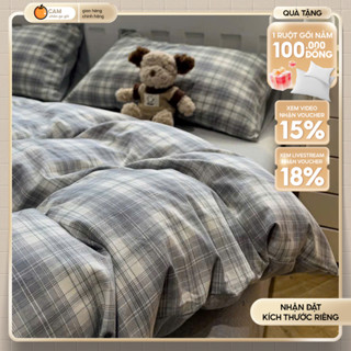 [NEW] Bộ ga giường 4 món, cotton đũi cao cấp mềm mịn, hoạ tiết caro basic hiện đại - CAM CHĂN GA GỐI