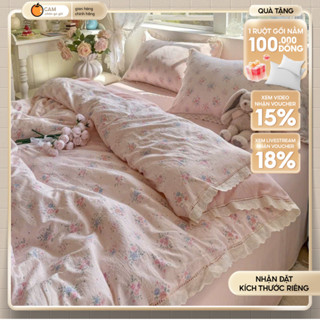 Bộ ga giường 4 món, cotton đũi mềm mịn thoáng mát, họa tiết hoa vintage phối ren - CAM CHĂN GA GỐI