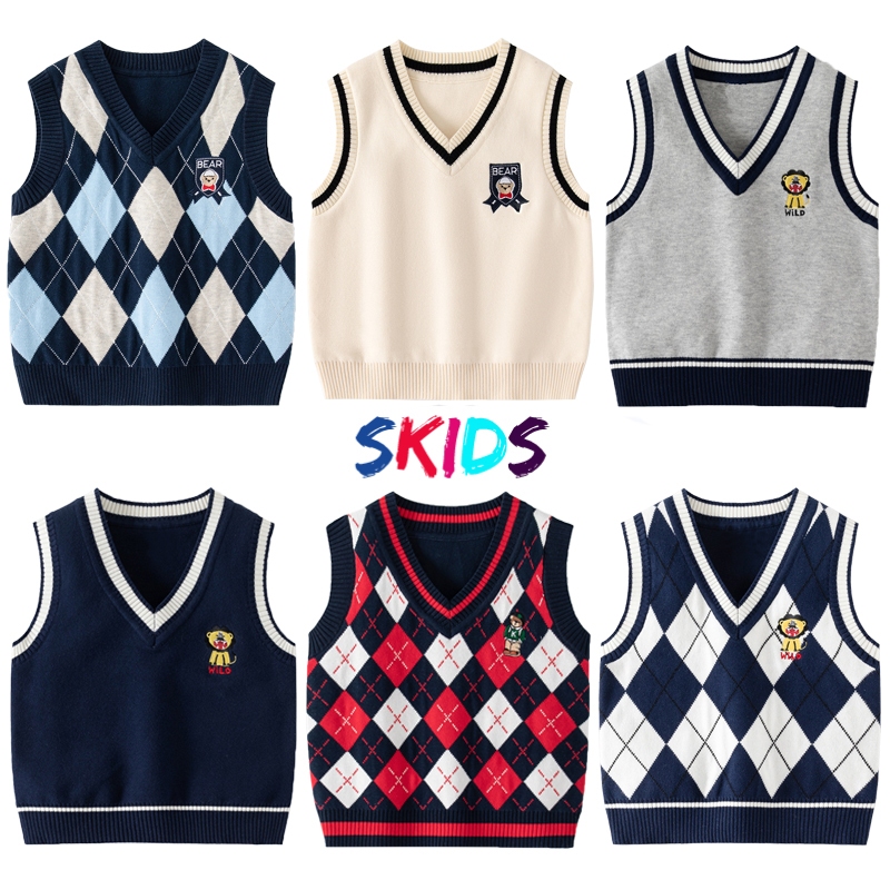  Áo len gile bé trai SKIDS áo len ba lỗ sát nách cho trẻ em 2 đến 8 tuổi thu đông họa tiết đáng yêu 
