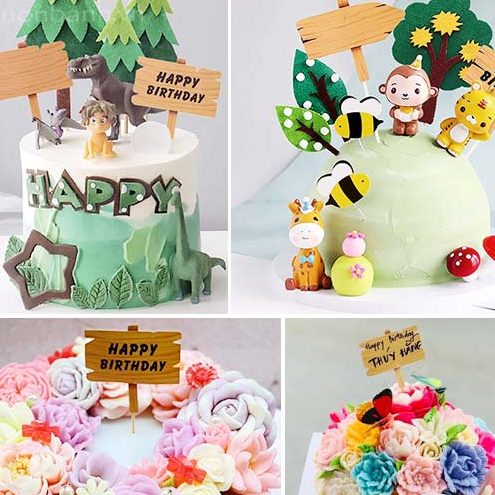 Phụ kiện sinh nhật thẻ cắm happy vân gỗ và nến số(Sét 5 cái)