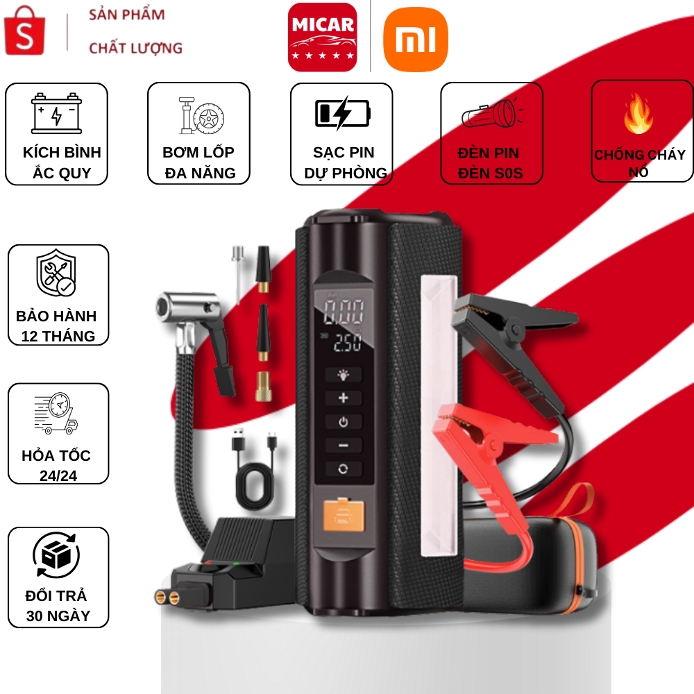  Bơm Lốp Ô Tô Xiaomi MICAR POW - Kích Bình Ô Tô Đa Năng 5IN1 Bảo Hành 12 Tháng 