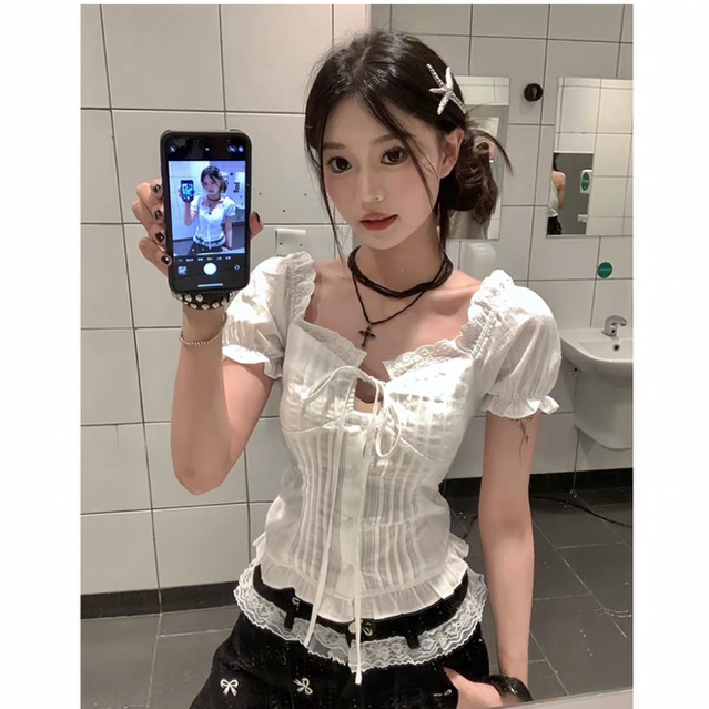 Áo Sơ Mi Trắng Tay Bồng Chít Eo Tôn Dáng, Áo Kiểu Nữ Phóo Ren Kèm Nơ Phong Cách Pháp Mặc Mùa Hè, Đi Chơi, Đi Học | BigBuy360 - bigbuy360.vn