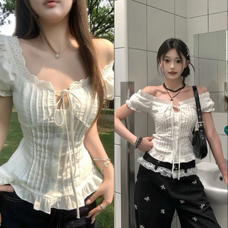  Áo Sơ Mi Trắng Tay Bồng Chít Eo Tôn Dáng Áo Kiểu Nữ Phóo Ren Kèm Nơ Phong Cách Pháp Mặc Mùa Hè Đi Chơi Đi Học 
