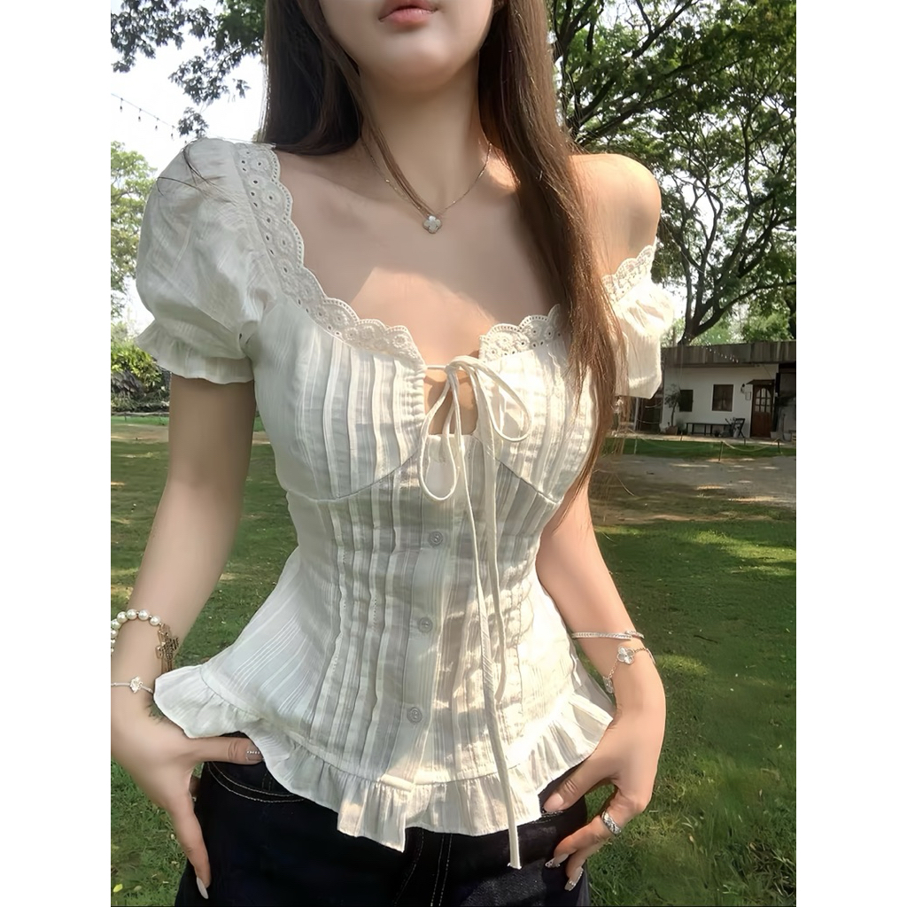 Áo Sơ Mi Trắng Tay Bồng Chít Eo Tôn Dáng, Áo Kiểu Nữ Phóo Ren Kèm Nơ Phong Cách Pháp Mặc Mùa Hè, Đi Chơi, Đi Học | BigBuy360 - bigbuy360.vn