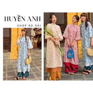 Áo dài voan tơ HÀN DŨ in hình hoa cánh phượng phối 2 cúc đôi cùng màu áo kèm quần LỤA ngọc trai áo dài Huyền Anh