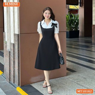 Đầm thiết kế BEMINE cổ V giả yếm đinh hoa nơ dáng chữ A phù hợp đi làm-MT10162