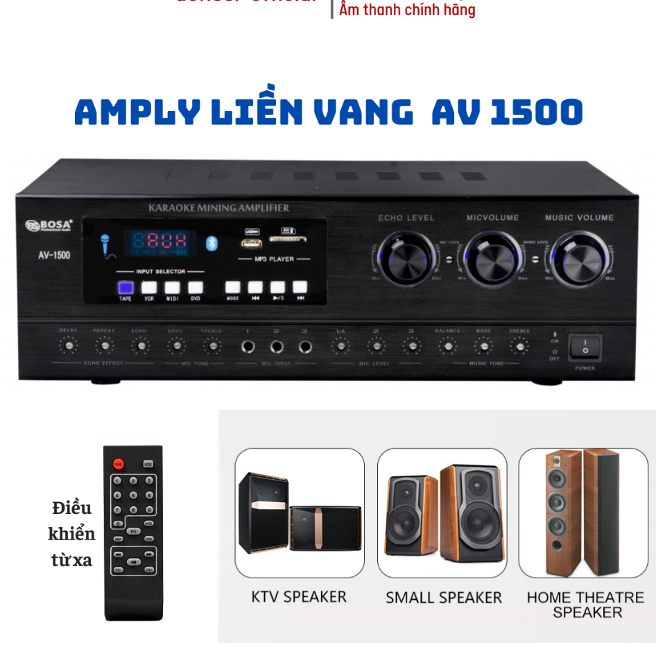 Amply liền vang AV-1500 có cục đẩy. Hỗ trợ kết nối Bluetooth, 5 cổng mic