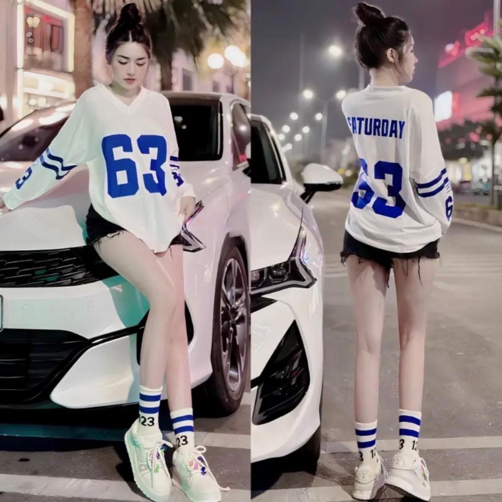 ÁO PHÔNG COTTON KHÔ 3158 dài tay in số (63) form rộng Top Nữ Women Trắng