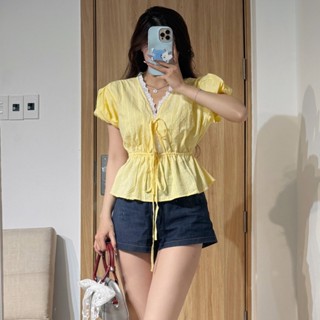   HAVANA  Áo babydoll Amira  Cổ viền ren tay bồng AO678 