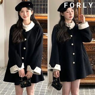  Áo Khoác Dạ Tiểu Thư Forlyoffical Dáng Suông Cổ Bẻ Gài Cúc Ngọc Màu Đen T005 