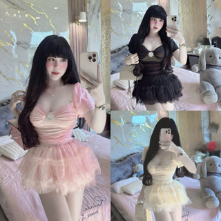 Set đồ nữ, Áo Thun Lưới Cổ U Phối Tag Tay Bồng Kèm Chân Váy Xoè Tầng Ngắn Bèo Đi Chơi Đi Tiệc Sang Trọng Dễ Thương