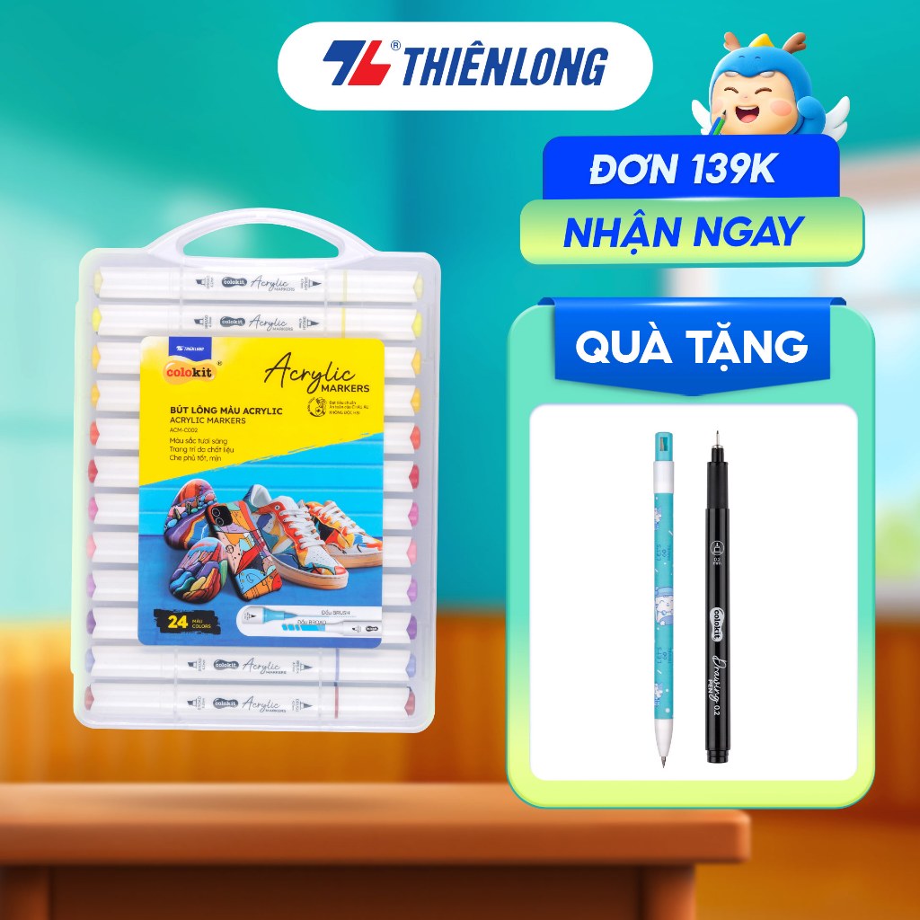 Bút lông màu Acrylic Markers 2 đầu ngòi Thiên Long Colokit 12/24/36 Màu sắc tươi sáng, Trang trí đa chất liệu