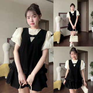 Set bộ áo tay bồng đính nơ dáng ngắn dành cho nữ phong cách Hàn Quốc kèm chân váy bí có quần bảo hộ dilyshop - M127
