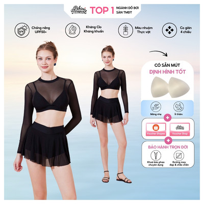 Bộ đồ bơi Nữ BIKINI PASSPORT kiểu hai mảnh váy lưới tay dài - Đen - BS516_BL