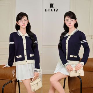   MỞ BÁN  DELIZ - Áo cardigan phối cúc cổ bẻ dài tay xanh than sang trọng chất len lông thỏ cao cấp CD846 