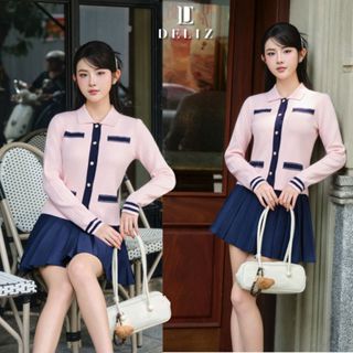   MỞ BÁN  DELIZ - Áo khoác cardigan dài tay nữ cổ bẻ tone hồng pastel tiểu thư len lông thỏ mềm CD848 
