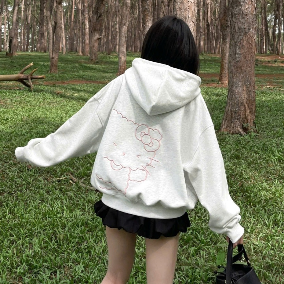 Áo Khoác Hoodie Zip Hello Kitty Nữ Hot 2025 - Form Rộng Boxy, Nỉ 2 Da Cao Cấp, Thêu Nổi Cute, Có Túi