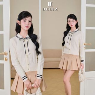 [MỞ BÁN] DELIZ - Áo len cardigan cổ sen phối nơ tiểu thư dài tay cho nữ mùa thu đông CD851
