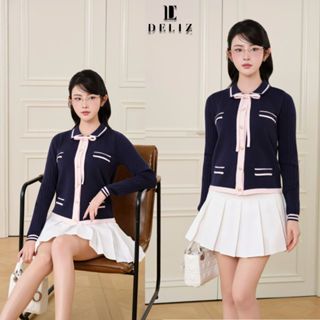   MỞ BÁN  DELIZ - Áo cardigan cho nữ chất len lông thỏ dáng dài tay cổ bẻ phối nơ xanh than caon cấp CD852 