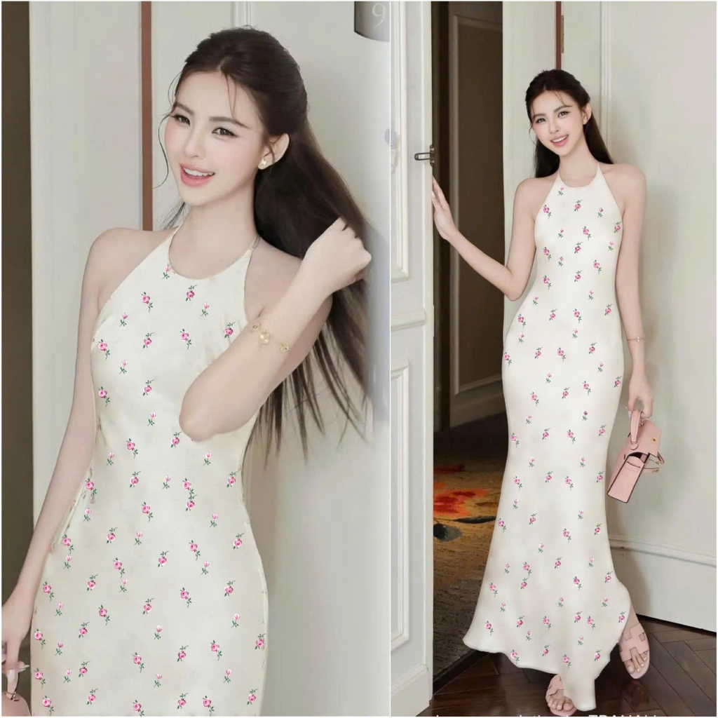 Đầm lụa cổ yếm hoa nhí A116 váy lụa dáng đuôi cá duyên dáng thanh lịch 2 màu dự tiệc - Akara closet