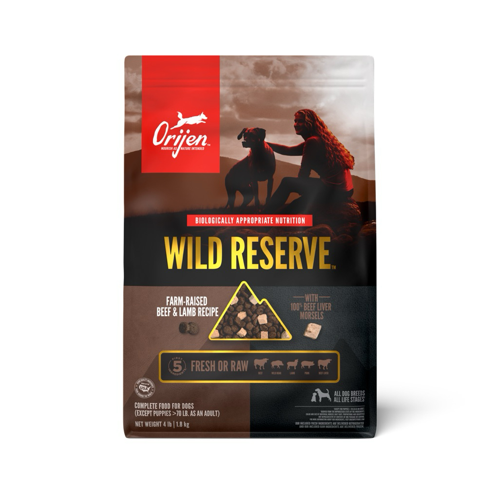ORIJEN WILD RESERVE Beef & Lamb: Bò & Cừu Hữu Cơ Với Topping 100% GAN BÒ Tươi Sống Sấy Lạnh cho CÚN 