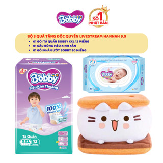 [QUÀ LIVESTREAM HANNAH]Combo 3quà:1 gấu bông mèo kẹo dẻo&1gói tã quần Bobby XXL12miếng&1 gói khăn ướt Bobby Care80 miếng