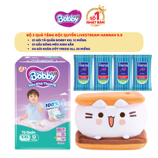 [QUÀ LIVESTREAM HANNAH]Combo 3quà:1 gấu bông mèo kẹo dẻo&1gói tã quần Bobby XXL12miếng&4 gói khăn ướt Fressi All 20miếng