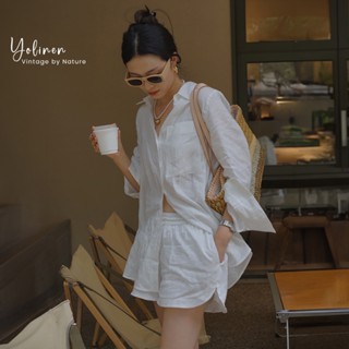  Bộ sơ mi nữ trắng form rộng và quần đùi trẻ trung YOLINEN thời trang mùa xuân hè cho nữ BSM01 