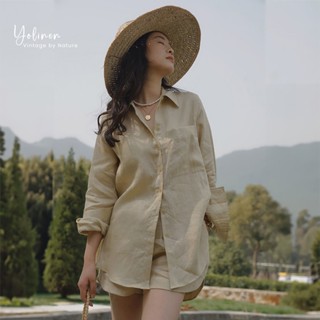  Bộ Sơ Mi Nữ YOLINEN Màu Be Nhẹ Nhàng Phong Cách Vintage Hàn Quốc Chất Linen Mềm Mát BSM01 