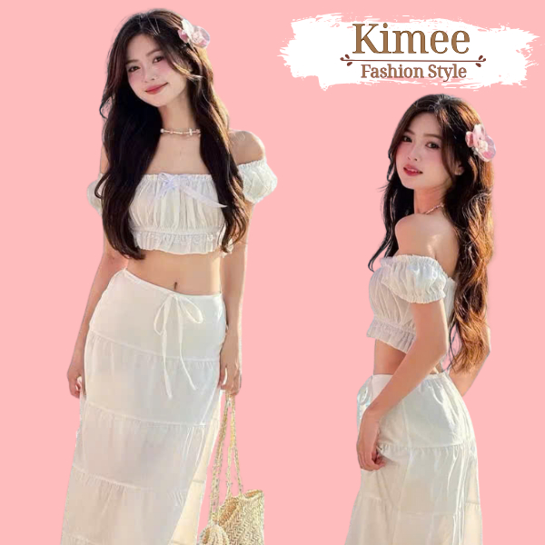 Set váy trắng đi biển dáng dài áo croptop mix chân váy dài tiểu thư B248 KIMEE HOUSE