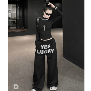 Set đồ nữ tiểu thư sang chảnh cá tính thể thao áo dài tay in chữ phối quần dài ống rộng thiết kế thu đông LONA Jennies