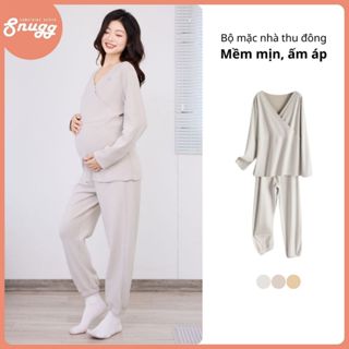 Bộ mặc nhà bầu và cho con bú thu đông cổ chéo, giữ nhiệt, mềm mịn, ấm áp Snugg - SNU2245