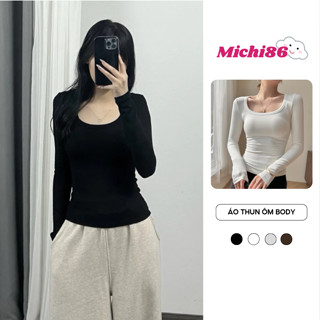 Áo thun nữ tay dài cổ vuông basic sexy tôn dáng Michi, áo thun tăm kiểu nữ cổ U tay dài ôm gọn