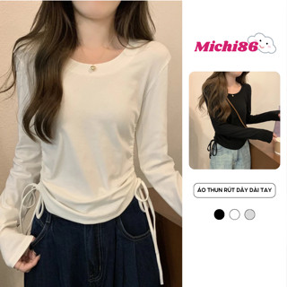 Áo thun kiểu tay dài rút dây hai bên vạt bầu siêu xinh Michi, áo len tăm nữ rút dây hai bên
