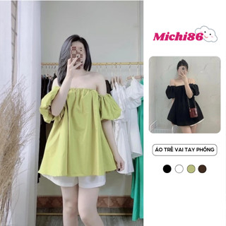  Áo trễ vai tay phồng dáng baby doll dễ thương Michi áo kiểu bẹt vai tay bồng dáng dài 
