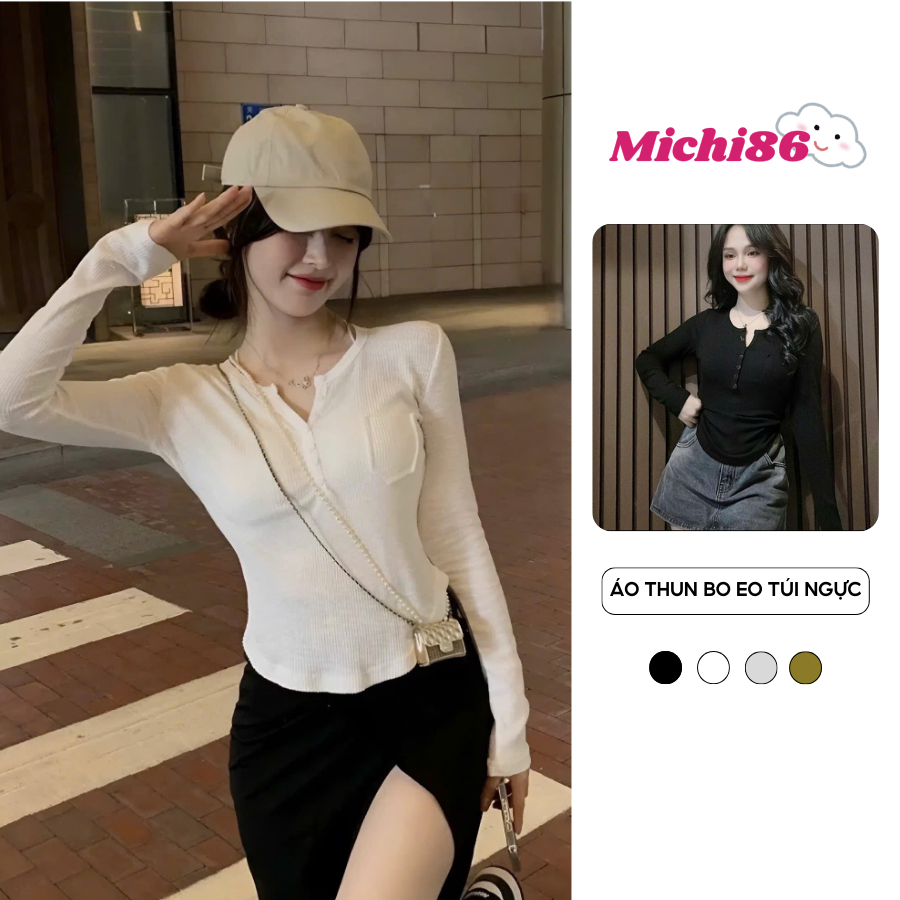 Áo thun nữ tay dài bo eo túi ngực chất thun mềm mịn Michi ,áo kiểu nữ len tăm cúc túi ngực