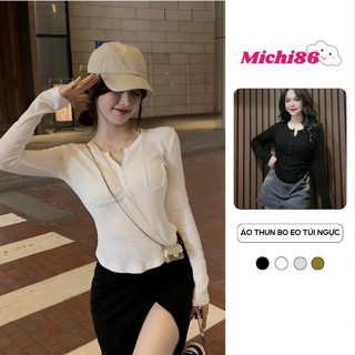 Áo thun nữ tay dài bo eo túi ngực chất thun mềm mịn Michi ,áo kiểu nữ len tăm cúc túi ngực