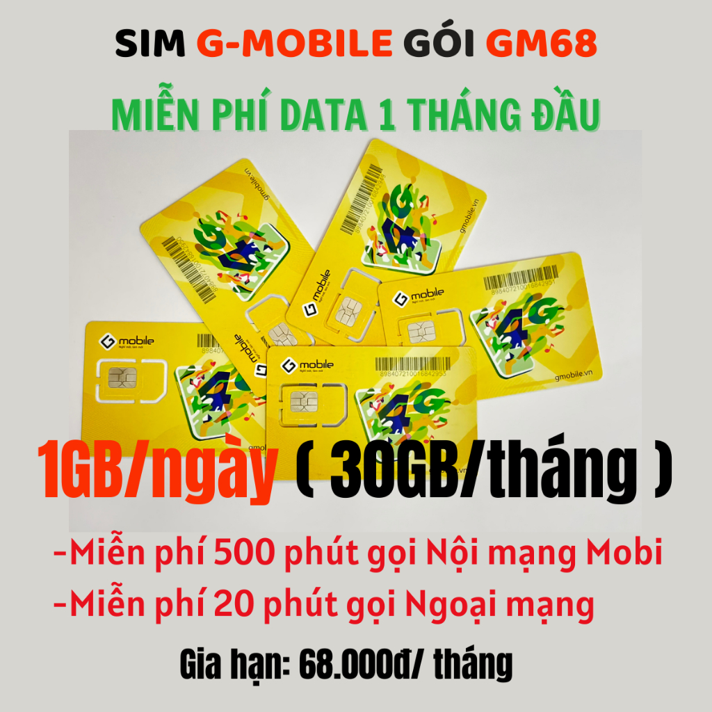 Miễn Phí 1 Tháng Sim Vào Mạng Kèm Nghe Gọi Thả Ga 500 Phút - SIm Gmobile Chỉ 68K/Tháng Giá Học Sinh