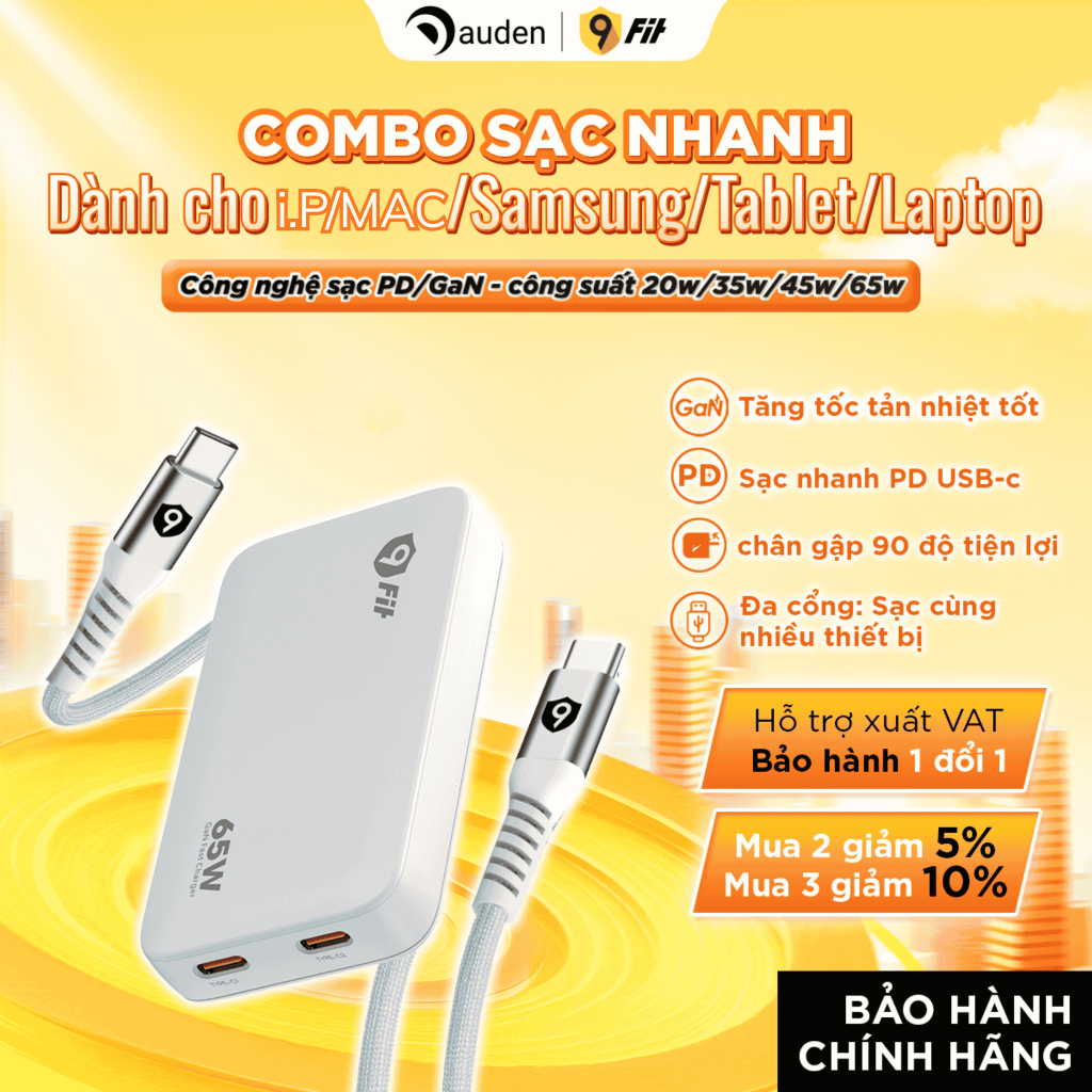 Củ Sạc 9FIT Slim PD 2C GaN sạc điện thoại/laptop/máy tính bảng, sạc nhanh 45W/65W  - Hàng chính hãng