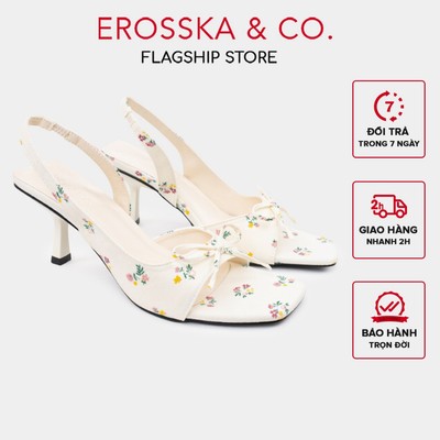 [EROSSKA] - Giày cao gót nữ mũi vuông phối nơ kiểu dáng dễ thương cao 7cm màu kem hoa nhí - EM150