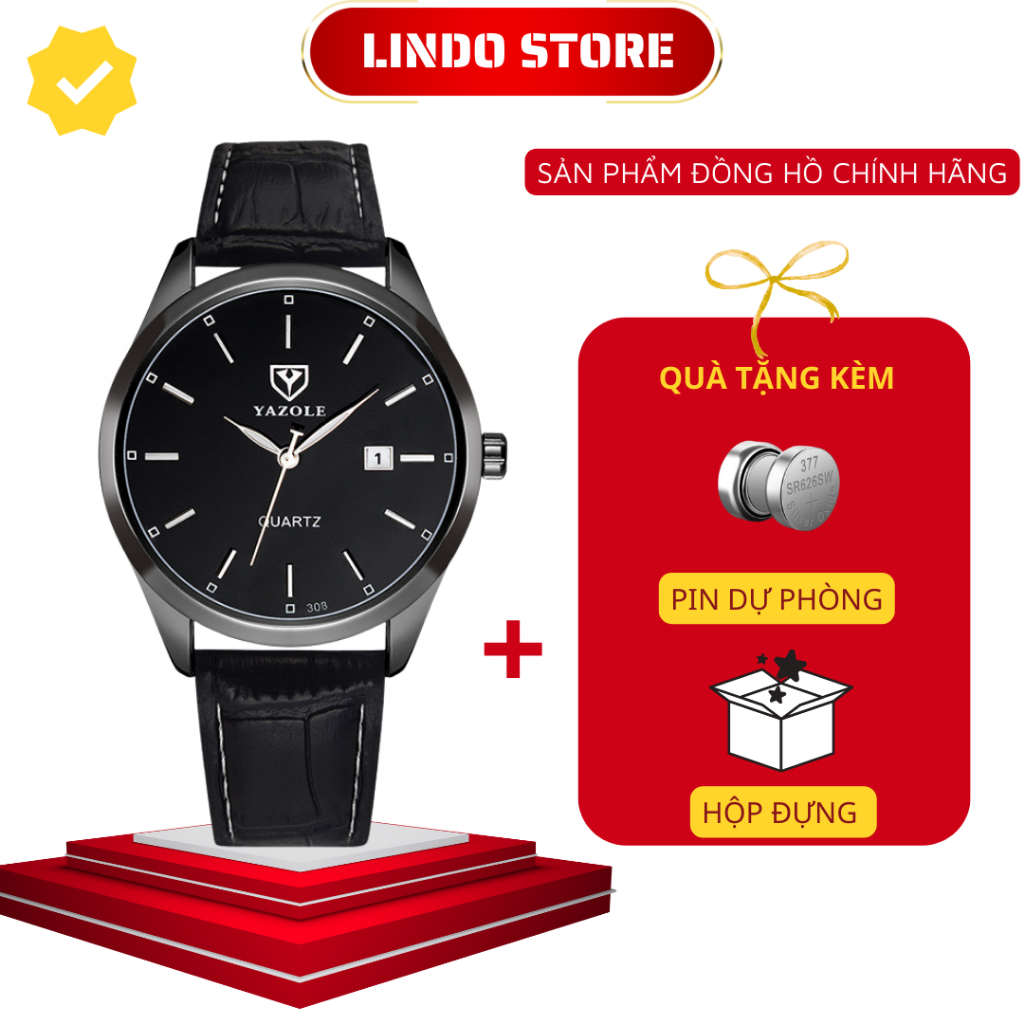 Đồng hồ nam dây da chính hãng cao cấp YAZOLE Y308 có lịch ngày kèm hộp đẹp 40mm