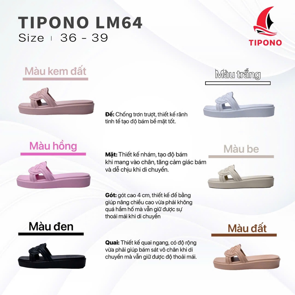 TIPONO Dép Nữ Quai Ngang LM64 Đế Cao 4cm Chống Trượt Chống Thấm Nước Size Chất Liệu EVA Bền Đẹp