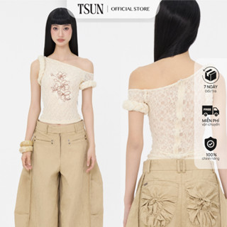 Áo Ren Nữ Lệch Vai Thêu Hoạ Tiết Hoa Lan Màu Be - Brand TSUN Chính Hãng, Áo Trễ Vai